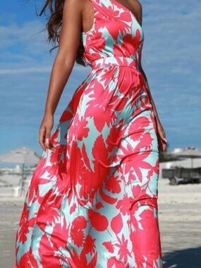 Floral One-Shoulder Maxi Dress in Coral and Aqua